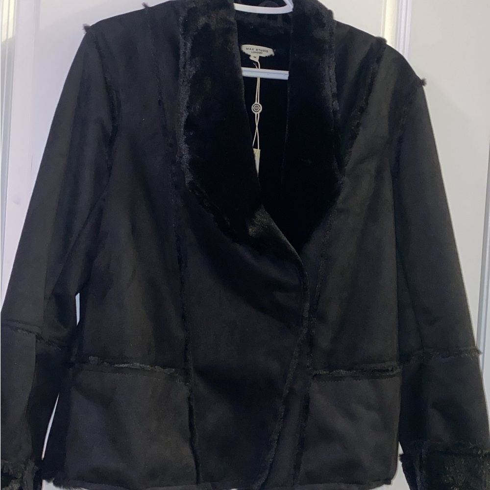 Max Studio London Black Suede Jacket with Faux Fur